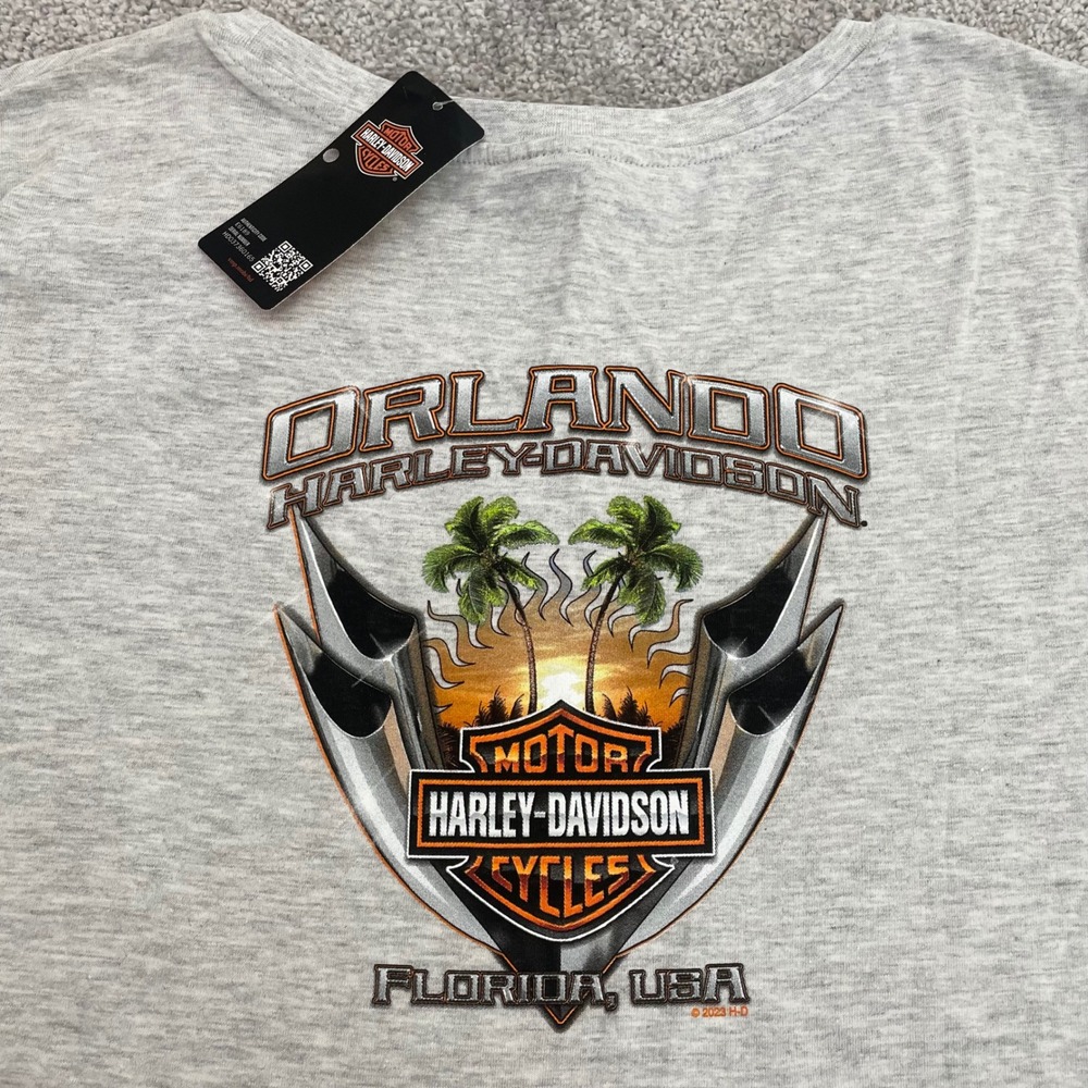 Harley Davidson T Shirt Womens 2XL Biker Orlando Palm Trees Gray Graphic NWT